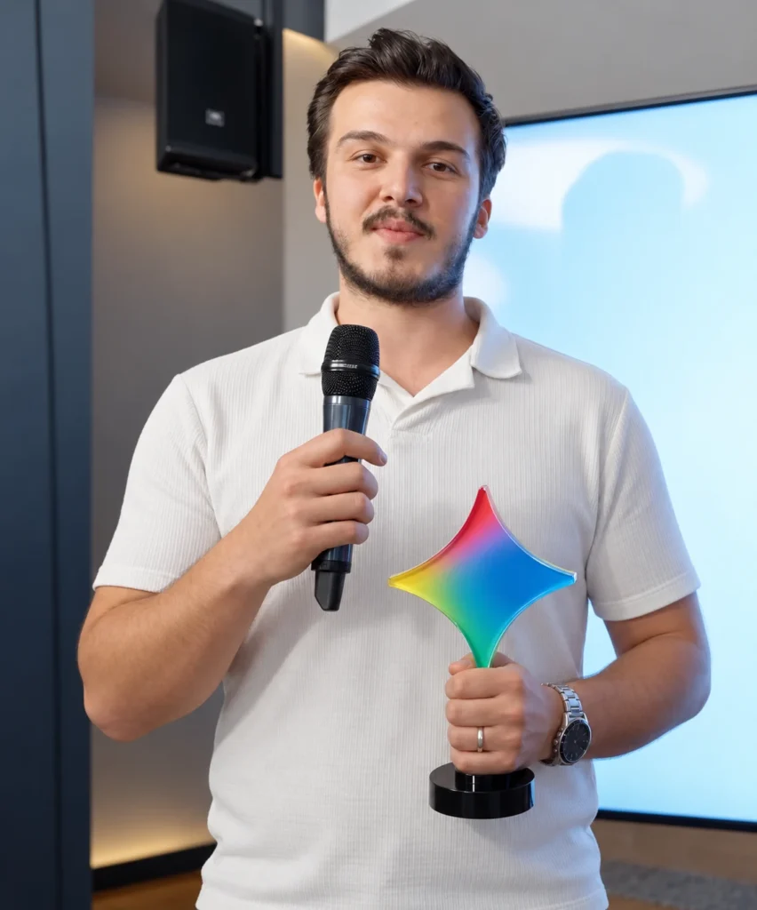 Burak Çakır, Google Türkiye Gemini ödülünü elinde tutarken